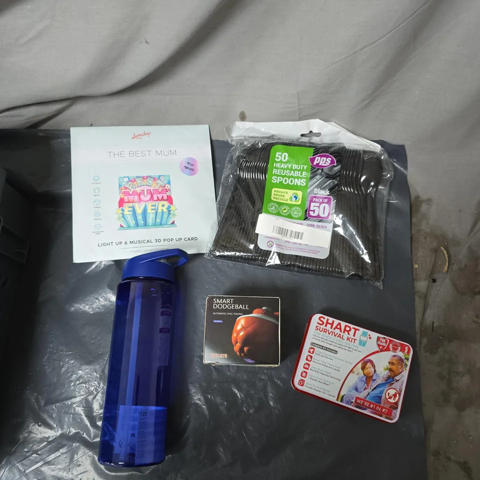 APPROXIMATELY 15 ASSORTED HOUSEHOLD ITEM TO INCLUDE REUSABLE SPOONS, WATER BOTTLE, SURVIVAL KIT, SMART DODGEBALL & 3D POPUP CARD