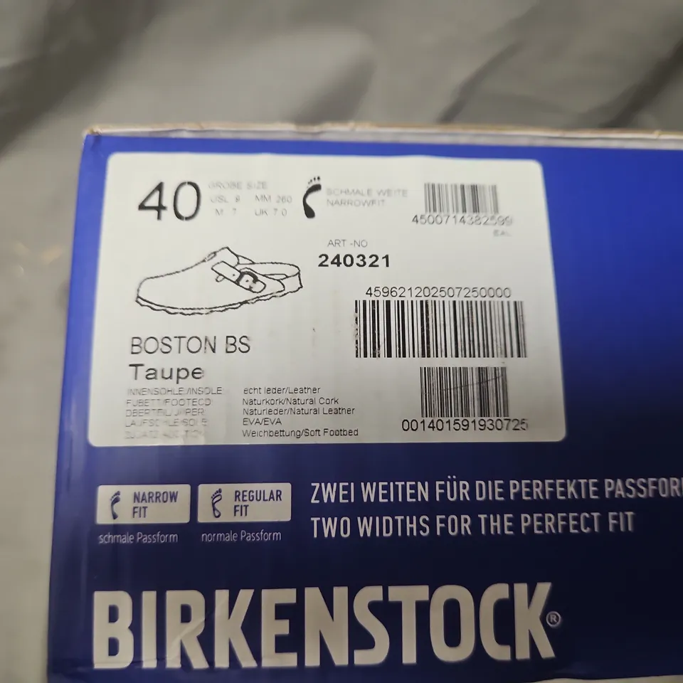 BOXED BIRKENSTOCK BOSTON BS TAUPE SUEDE SANDALS – EU 40