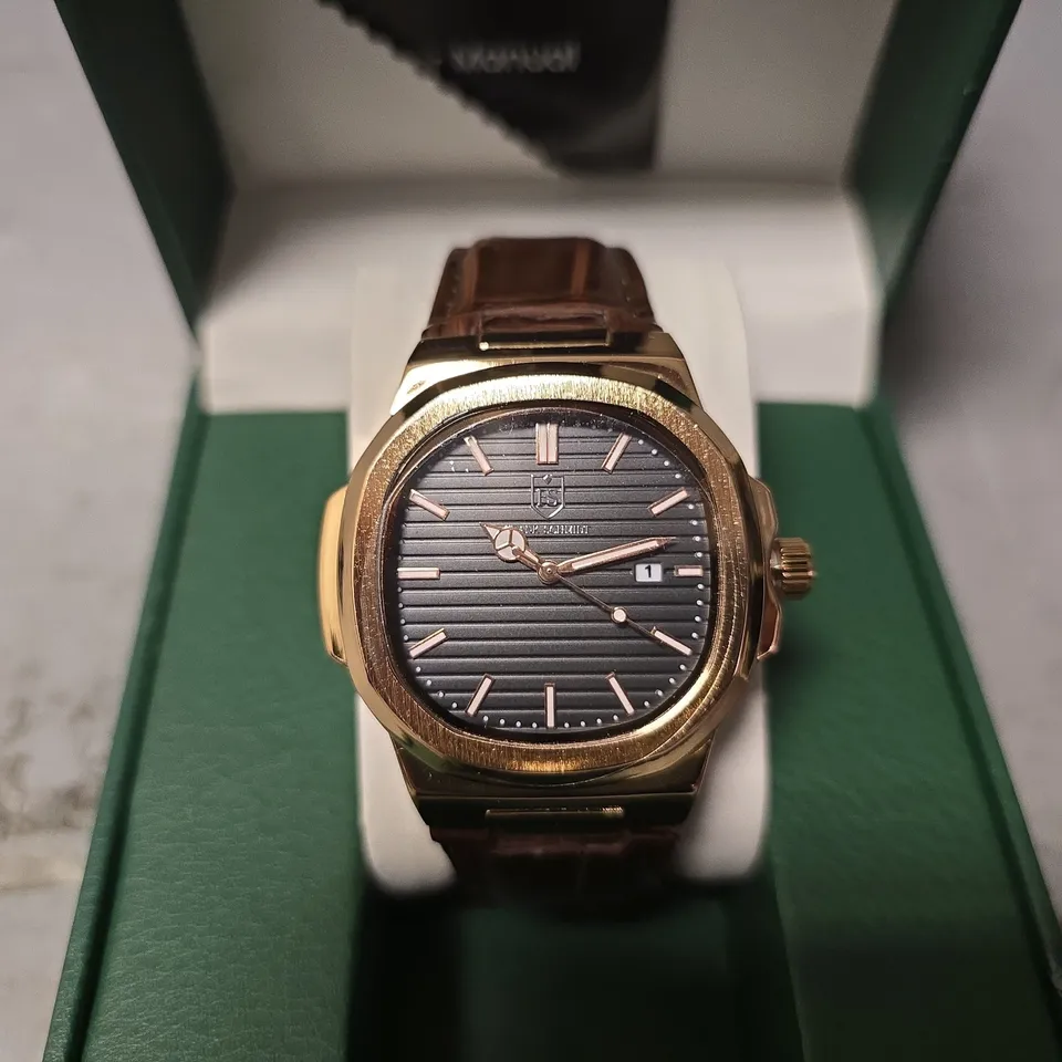 FRANK SCHMIDT WATCH – TEXTURED DIAL WITH DATE – LEATHER STRAP- MODEL: FSL AMBASSADOR – 3ATM WATER RESISTANT – GIFT BOX