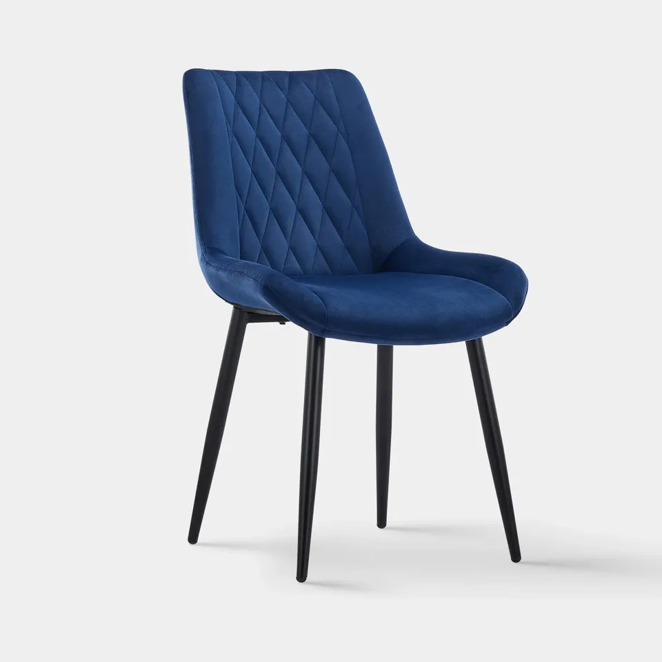 BOXED PAIR OF BLUE DESIGNER FABRIC UPHOLSTERED DINING/SIDE CHAIRS 