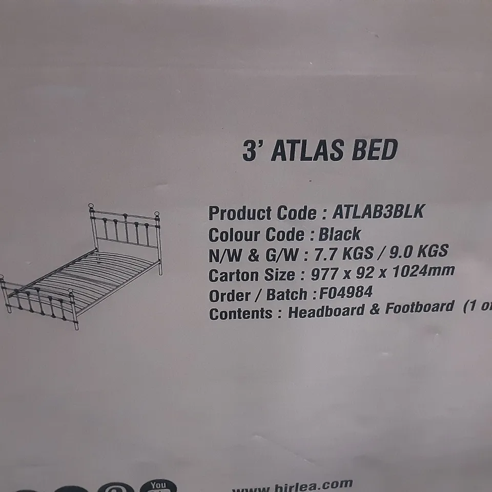 BOXED BIRLEA 3' ATLAS BED BLACK (BOX 1 OF 3 ONLY, HEADBOARD AND FOOTBOARD)