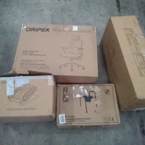 PALLET OF ASSORTED ITEMS INCLUDING DINING CHAIR, DRIPEX ERGONOMIC CHAIR, ELLIPTICAL MACHINE, BEDSIDE COMMODE