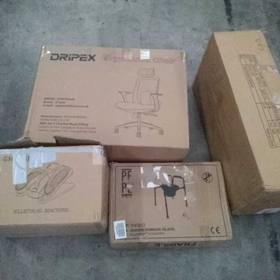 PALLET OF ASSORTED ITEMS INCLUDING DINING CHAIR, DRIPEX ERGONOMIC CHAIR, ELLIPTICAL MACHINE, BEDSIDE COMMODE 
