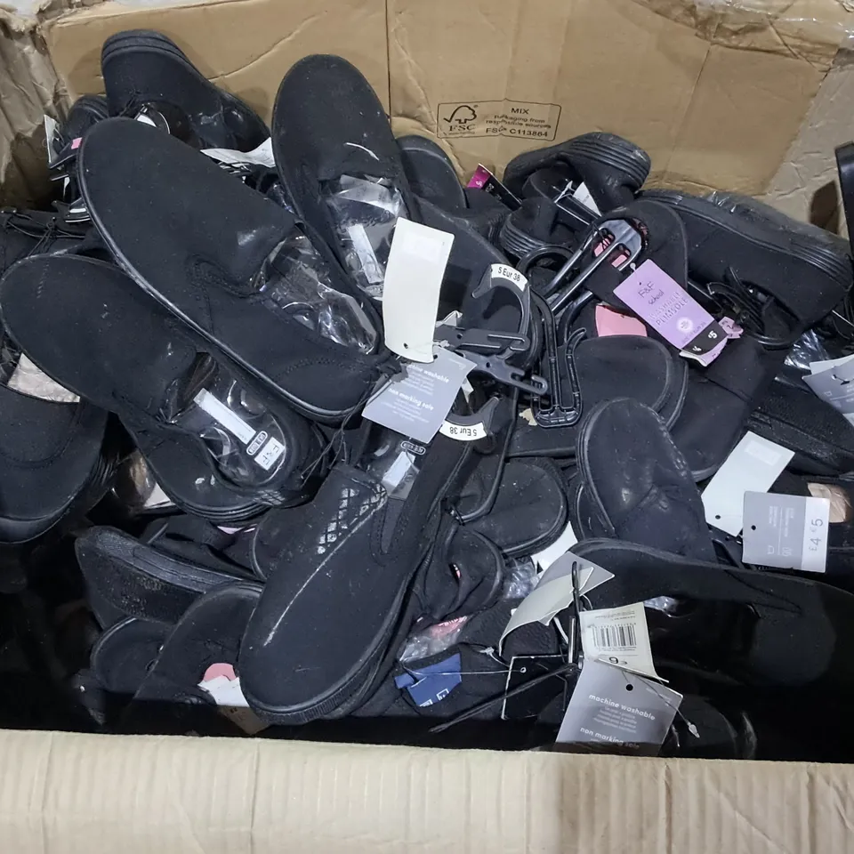 LOT OF APPROXIMATELY 150 ASSORTED PAIRS OF BLACK SCHOOL PUMPS IN VARIOUS SIZES
