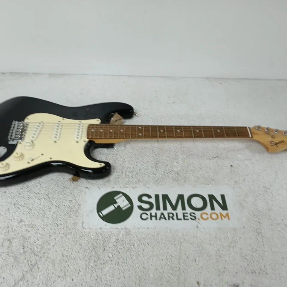 SQUIER STRATOCASTER BY FENDER ELECTRIC GUITAR – BLACK BODY, CREAM PICKGUARD (USED)