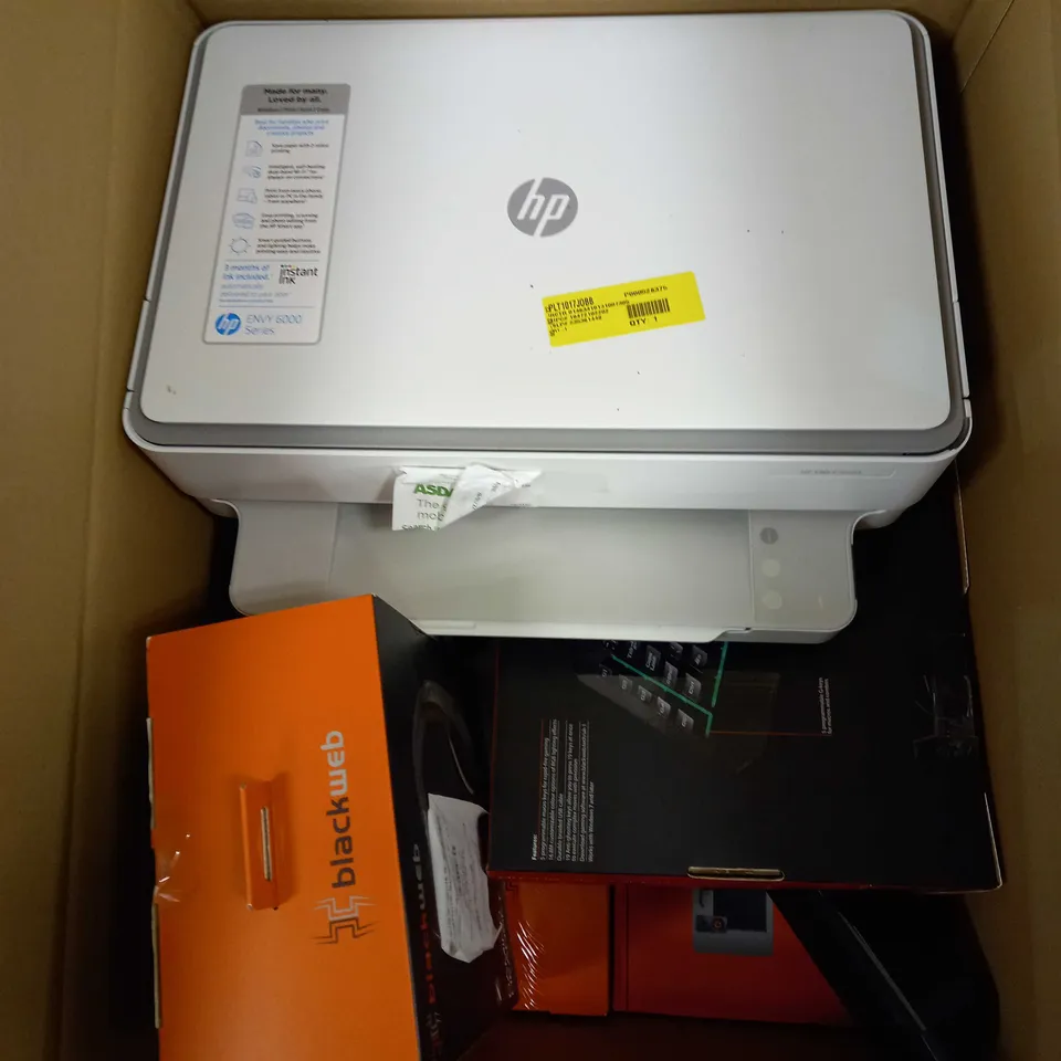 BOX OF APPROX. 20 ITEMS INCLUDING PRINTERS, HEADSETS, KEYBOARDS, CABLES, ACCESSORIES