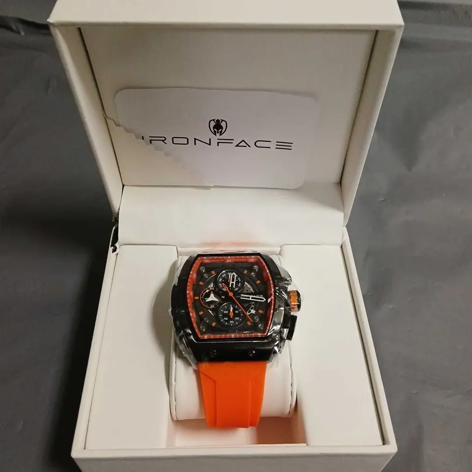 BOXED IRONFACE GENTS CHRONOGRAPH WATCH WITH ORANGE RUBBER STRAP