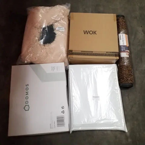 PALLET OF ASSORTED PRODUCTS INCLUDING WOK, DOOR MAT, SEAT CUSHION, PET BED, WOODEN SERVING TRAY