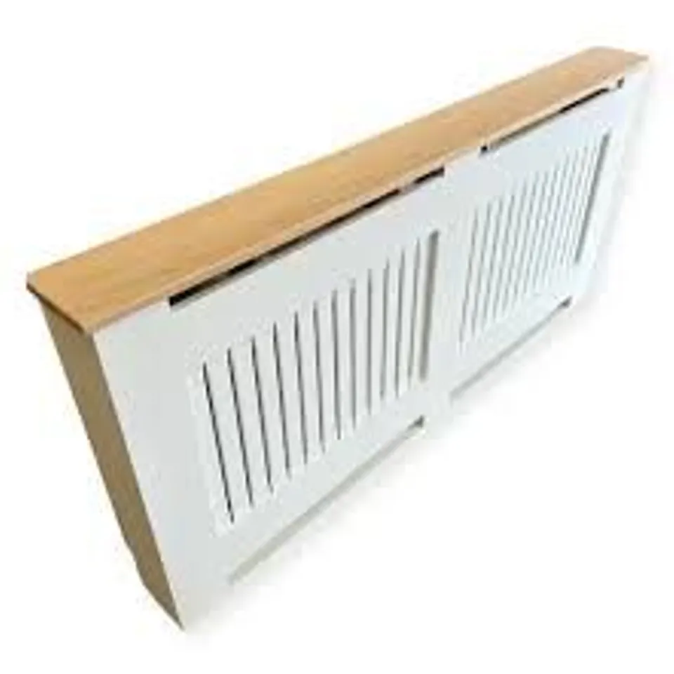 BOXED MODEM SLATTED VERTICAL WHITE RADIATOR COVER WITH WOOD-GRAIN TOP