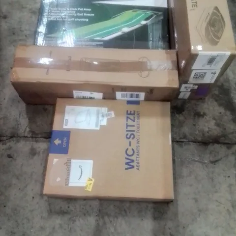 PALLET OF ASSORTED HOUSEHOLD GOODS AND PRODUCTS TO INCLUDE;GOLF PUTTING TRAINER,ELECTRIC FAN HEATER, MINI VIBRATION PLATE, TOILET SEAT AND OTHER ASSORTED ITEMS...