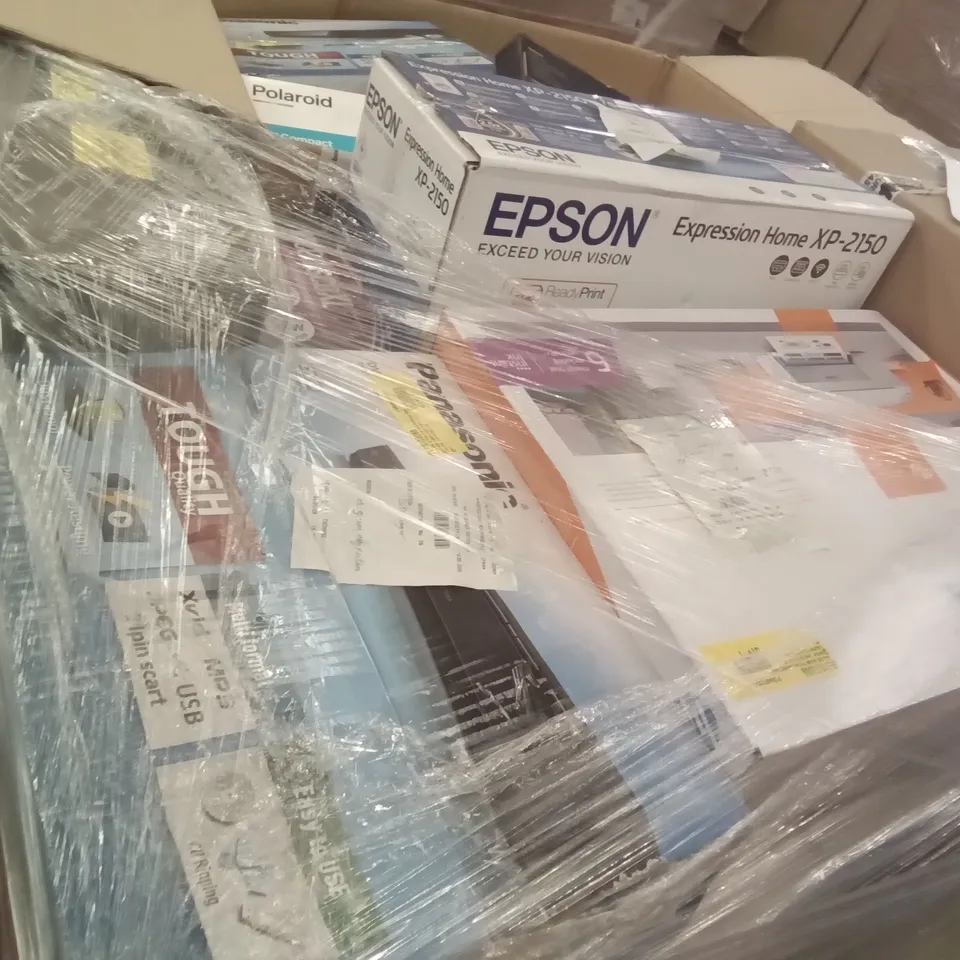 PALLET OF ASSORTED ELECTRONICS INCLUDING WIRELESS HEADPHONES, MECHANICAL GAMING KEYBOARD, POLAROID 50W COMPACT SOUNDBAR, PANASONIC DVD PLAYER, HP DESK JET, POLAROID DOLBY ATMOS SOUNDBAR 