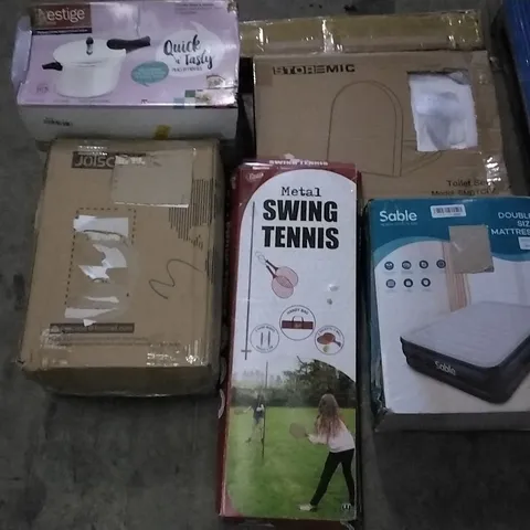 PALLET OF ASSORTED ITEMS INCLUDING STOREMIC TOILET SEAT, METAL SWING TENNIS, JOISCAPE, PRESTIGE 7.5L PRESSURE COOKER, SABLE DOUBLE SIZE MATTRESS, PAXCESS PRESSURE WASHER