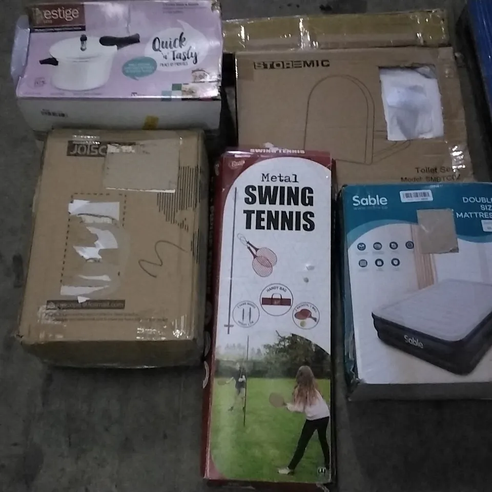 PALLET OF ASSORTED ITEMS INCLUDING STOREMIC TOILET SEAT, METAL SWING TENNIS, JOISCAPE, PRESTIGE 7.5L PRESSURE COOKER, SABLE DOUBLE SIZE MATTRESS, PAXCESS PRESSURE WASHER