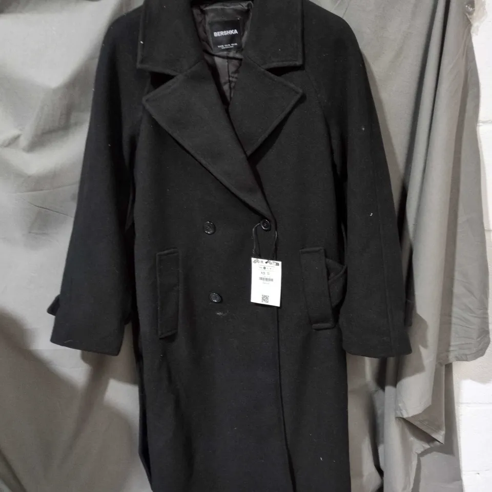 BERSHKA BLACK DOUBLE-BREASTED COAT – XS (WOMEN)