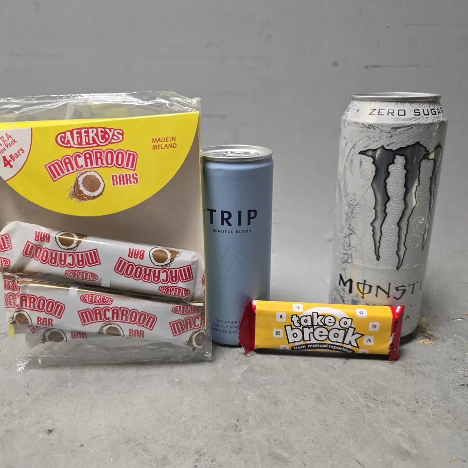 APPROXIMATELY 16 ASSORTED FOOD & DRINK ITEMS TO INCLUDE - MONSTER ENERGY , TRIP , TAKE A BREAK ETC