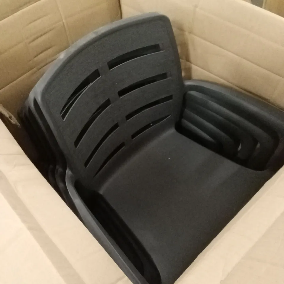 BOXED SET OF 6 GREY PLASTIC OUTDOOR DINING CHAIRS 