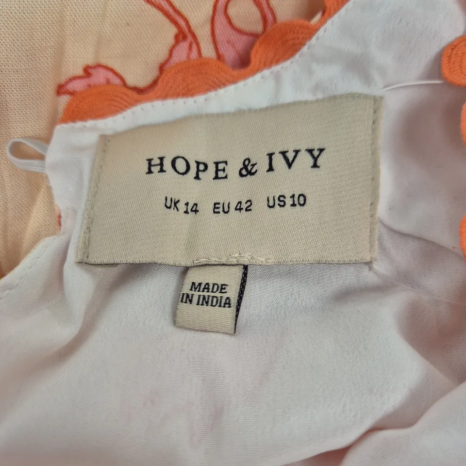 HOPE & IVY FLORAL DRESS – UK 14 (EU 42, US 10); PEACH & PINK FLORAL PRINT WITH ORANGE TRIM, MADE IN INDIA