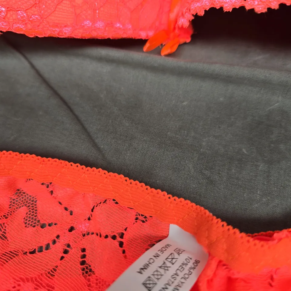 NEON CORAL LACE LINGERIE SET - BRA & BRIEFS, UK SIZE L