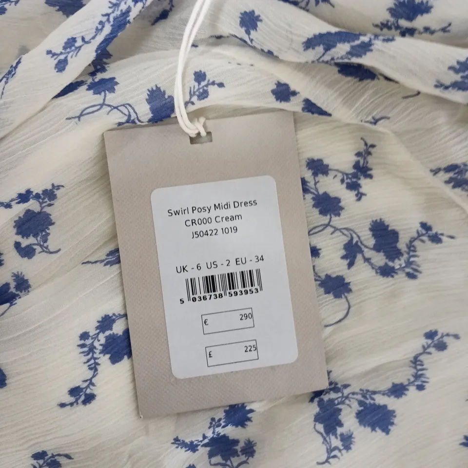 JIGSAW SWIRL POSY MIDI DRESS – CREAM WITH BLUE FLORAL, UK 6 (US 2, EU 34)