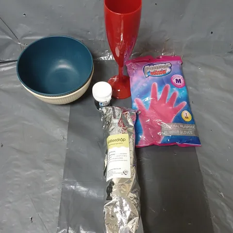 APPROXIMATELY 15 HOUSEHOLD ITEMS TO INCLUDE PLASTIC CHAMPAGNE GLASSES, PEST FUMERS AND WATERDROP FILTERS