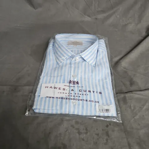 HAWES & CURTIS LINEN LONG SLEEVE CUTAWAY STRIPE SHIRT IN BLUE & WHITE SIZE L