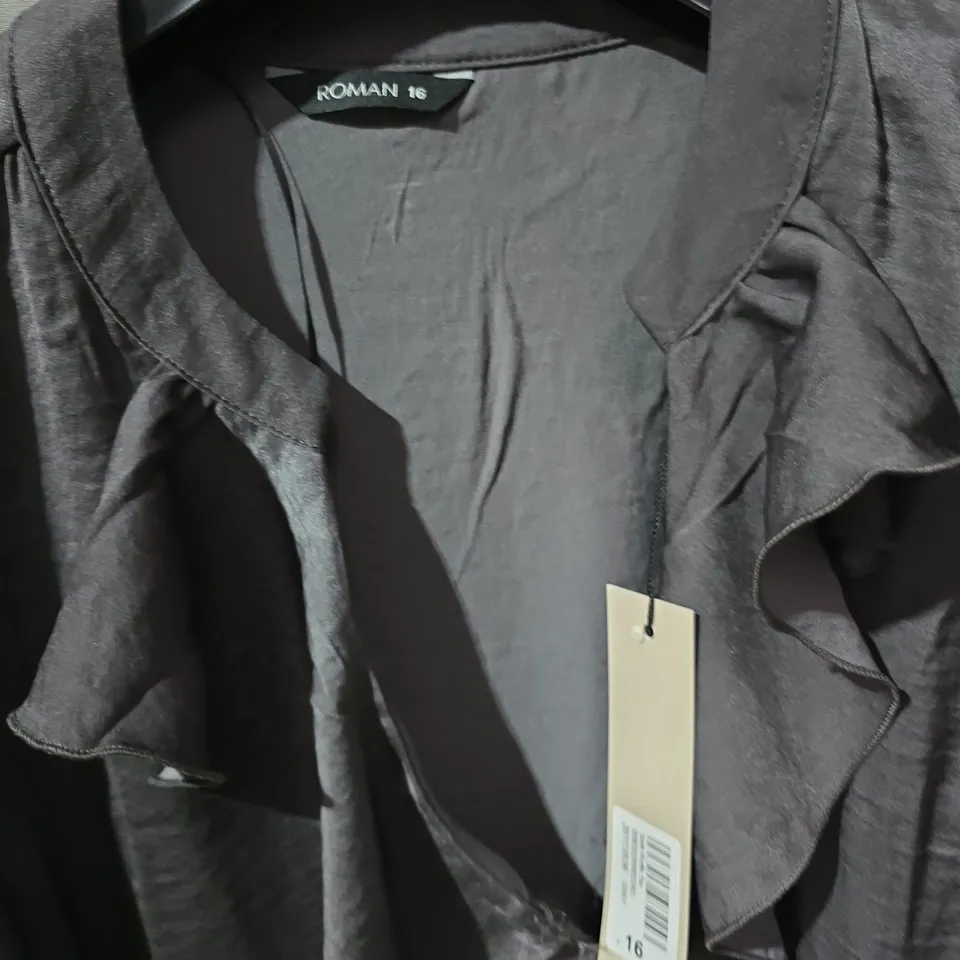 ROMAN WOMEN'S BLOUSE – UK SIZE 16, DARK GREY WITH RUFFLE FRONT