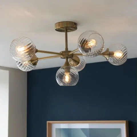 BOXED ENDON ALLEGRA 6 LIGHT SEMI FLUSH ANTIQUE BRASS PLATE AND CLEAR SPIRAL GLASS