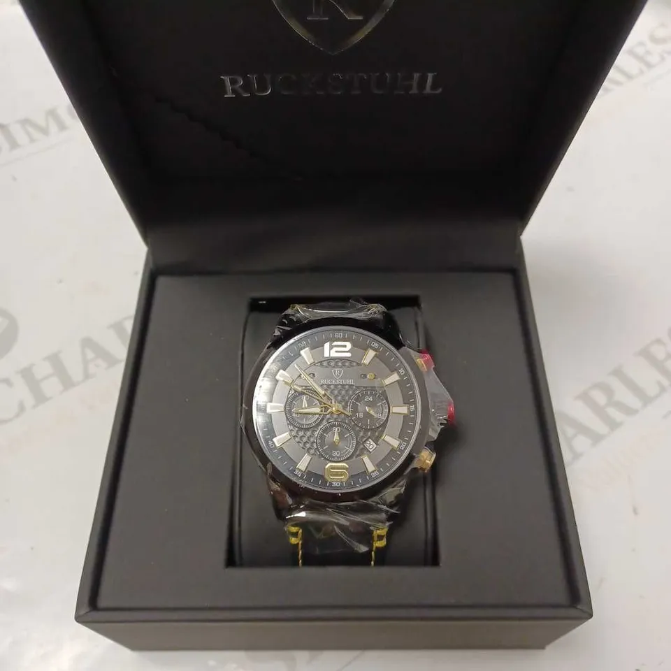 RUCKSTUHL BLACK TRIPLE DIAL LEATHER STRAP WRISTWATCH