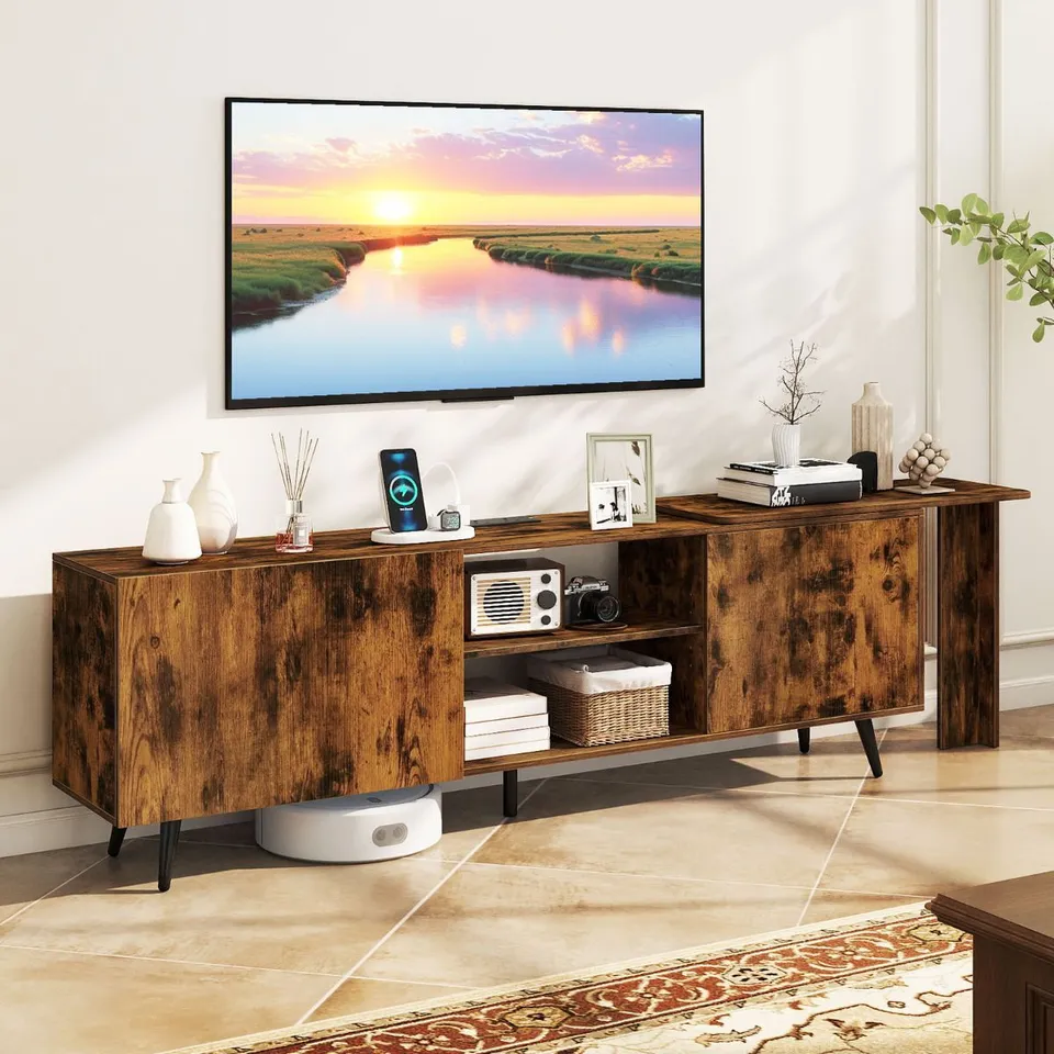 BOXED MID CENTURY 55 INCH TV STAND ENTERTAINMENT CENTER WITH POWER OUTLETS-RUSTIC BROWN