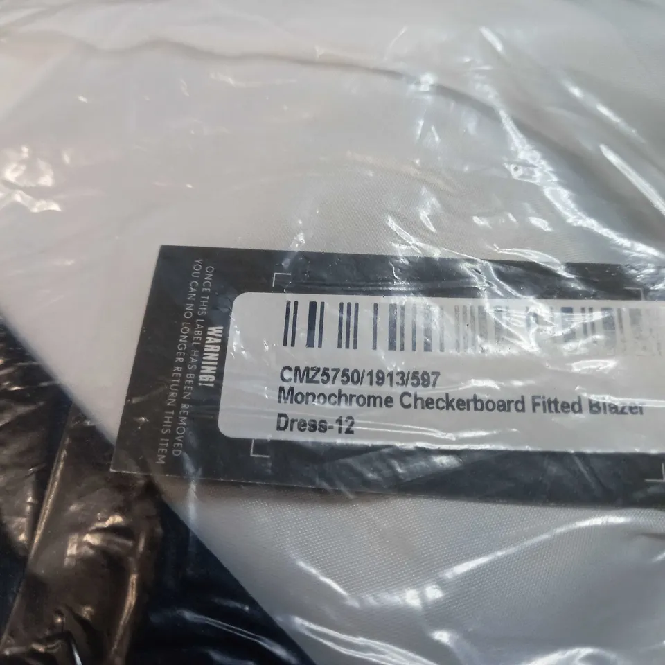 PACKAGED PLT MONOCHROME CHECKERBOARD FITTED BLAZER DRESS - SIZE 12