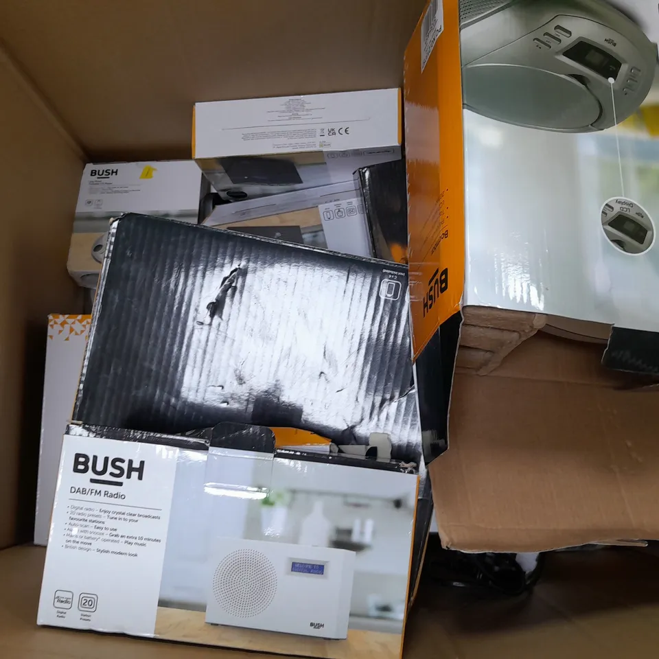 BOX OF APPROXIMATELY 15 ASSORTED ITEMS TO INCLUDE - BUSH RADIO , PORTABLE RADIO - ALARM CLOCK RADIO ETC