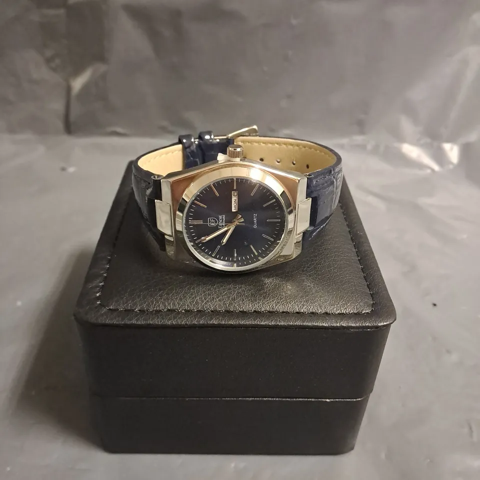 ERNEST FERDINAND STRAINLESS STEEL DATE DIAL WATCH WITH BLUE FACE & BLUE TEXTURED STRAP