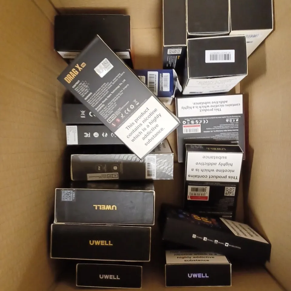 BOX OF APPROXIMATELY 30 E-CIGARETTE PRODUCTS TO INCLUDE CALIBURN G POD SYSTEM, ARGUS X, VOOPOO DRAG X ETC