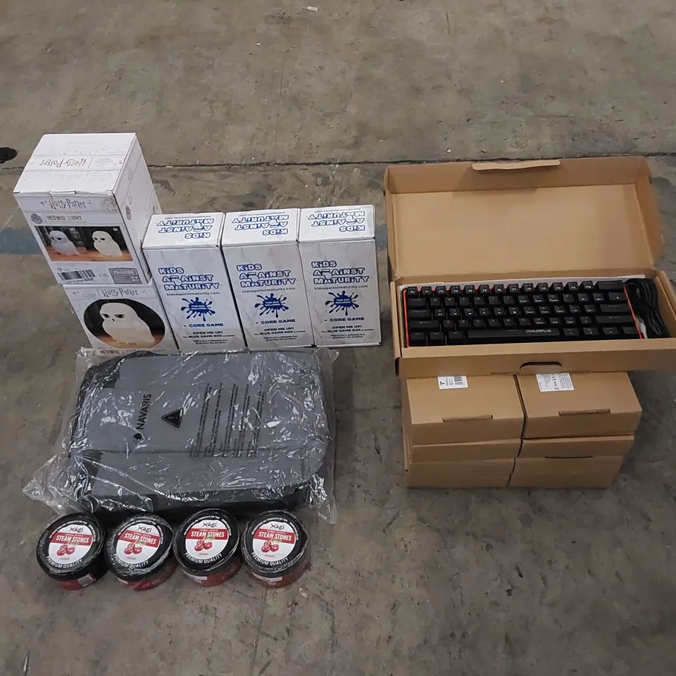 PALLET TO CONTAIN ASSORTED HOUSEHOLD ITEMS AND CONSUMER PRODUCTS. INCLUDING KIDS AGAINST MATURITY CARD GAME, HARRY POTTER LIGHTS, COOLER WINE BAG, LARGE QUANTITY OF COOLERPLUS MINI KEYBOARDS ETC