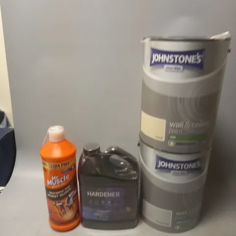 4 HOUSEHOLD ITEMS TO INCLUDE JOHNSTONES SEASALT SILK PAINT, MANHATTAN GREY SOFT SHEEN PAINT, MR MUSCLE DRAIN GEL, AND HARDENER 2L