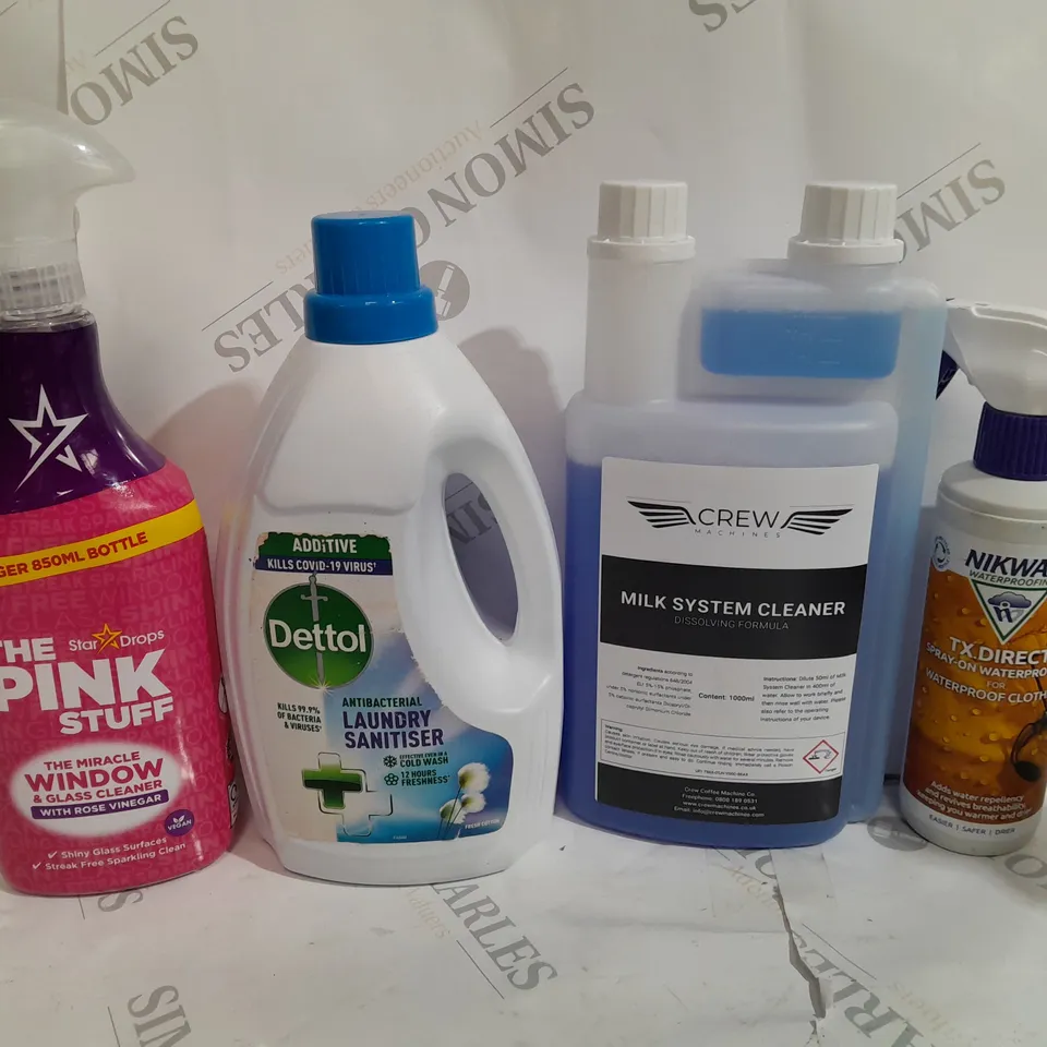 BOX OF APPROX 10 ASSORTED ITEMS TO INCLUDE - THE PINK STUFF THE WINDOW CLEANER - DETTOL LAUNDRY SANITISER - CREW MILK SYSTEM CLEANER ECT