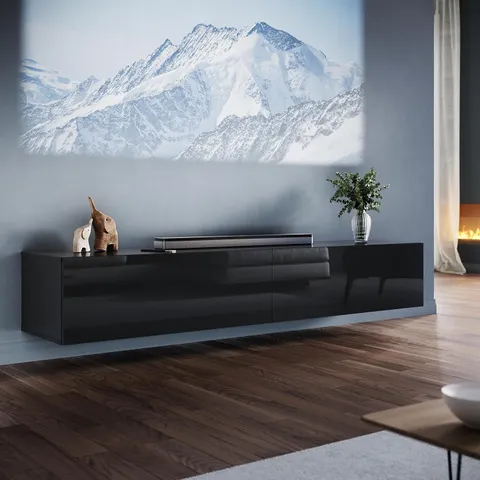 BOXED ELEGANT FLOATING TV STAND CABINET UNIT WITH PULL-DOWN DOOR - BLACK (1 BOX)
