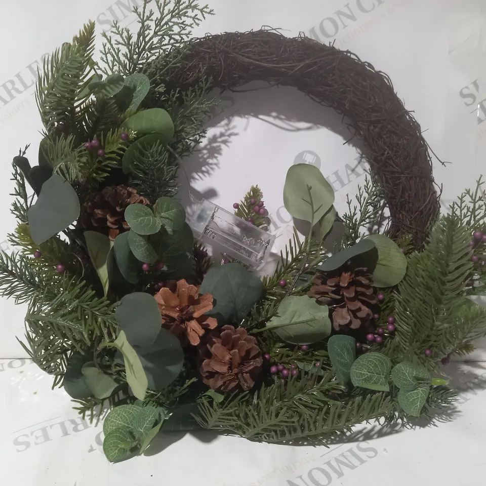 BOXED SARA DAVIES FAUX EUCALYPTUS AND BERRY PRE LIT HALF WREATH