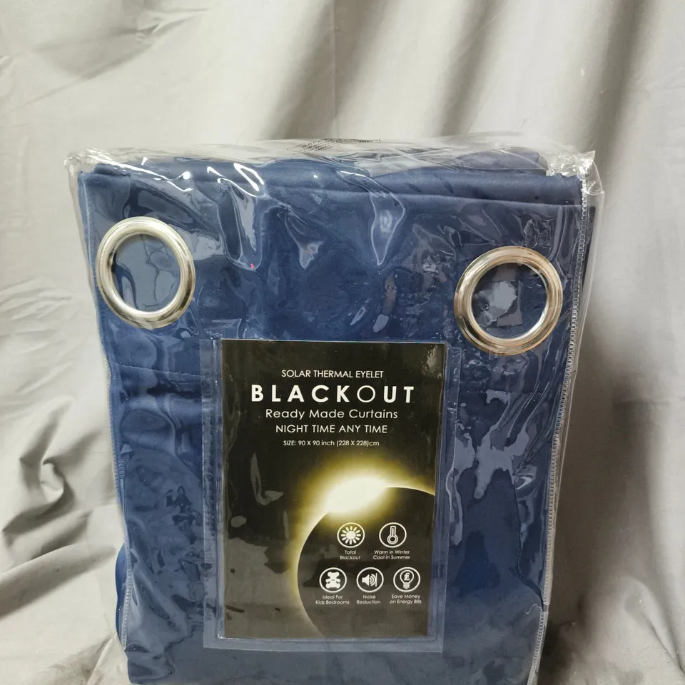 BLUE BLACKOUT READY-MADE CURTAINS WITH EYELETS – SOLAR THERMAL EYELET, 90 X 90 INCHES (228 X 228 CM)