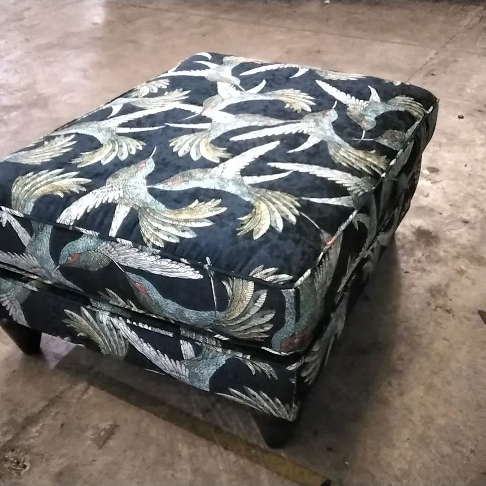 QUALITY BRITISH DESIGNER LOUNGE CO BRONWYN FOOTSTOOL PARADISE BIRD NAVY FABRIC