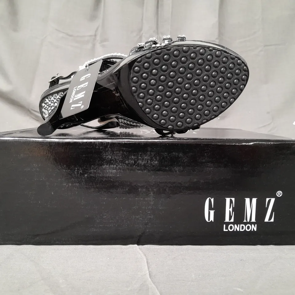 BOX OF APPROXIMATELY 10 BOXED PAIRS OF GEMZ LONDON OPEN TOE HEELED SANDALS IN BLACK W. JEWEL EFFECT - VARIOUS SIZES