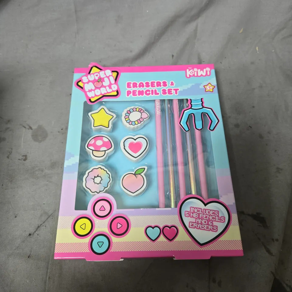 BOX OF ASSORTED TOYS INCLUDING ERASERS & PENCIL SET, FREDDY'S FUN 2 YOU FIGURE, MARKERS, AND ELECTRIC BALLOON PUMP