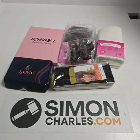APPROXIMATELY 10 ASSORTED HAIR ACCESSORIES TO INCLUDE EXTENSIONS, MICROFIBRE HAIR TOWEL, HAIR CLIPS, ETC