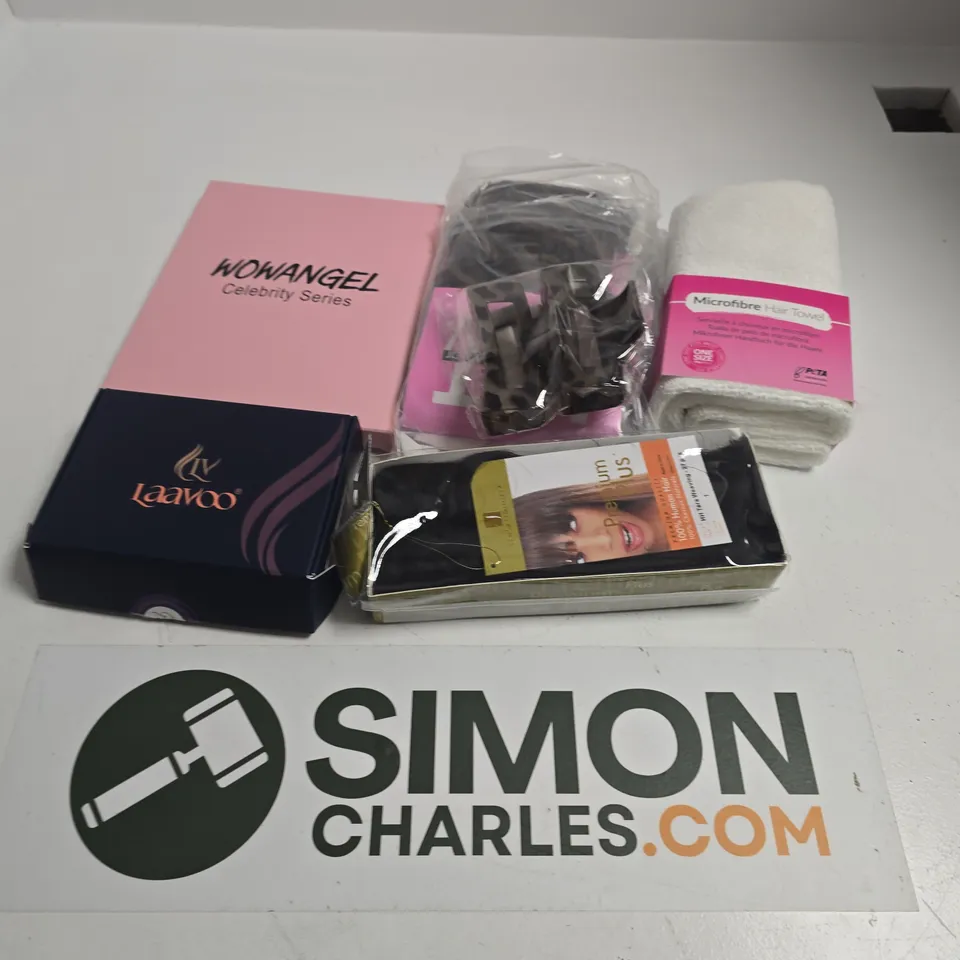APPROXIMATELY 10 ASSORTED HAIR ACCESSORIES TO INCLUDE EXTENSIONS, MICROFIBRE HAIR TOWEL, HAIR CLIPS, ETC