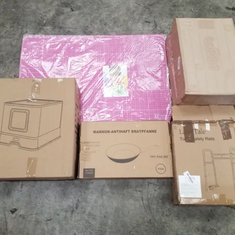 PALLET OF ASSORTED PRODUCTS INCLUDING TRUNKI KIDS SUITCASE,CUTTING MATS, TOILET SAFETY RAIL, FRYING PAN, LITTERBOX