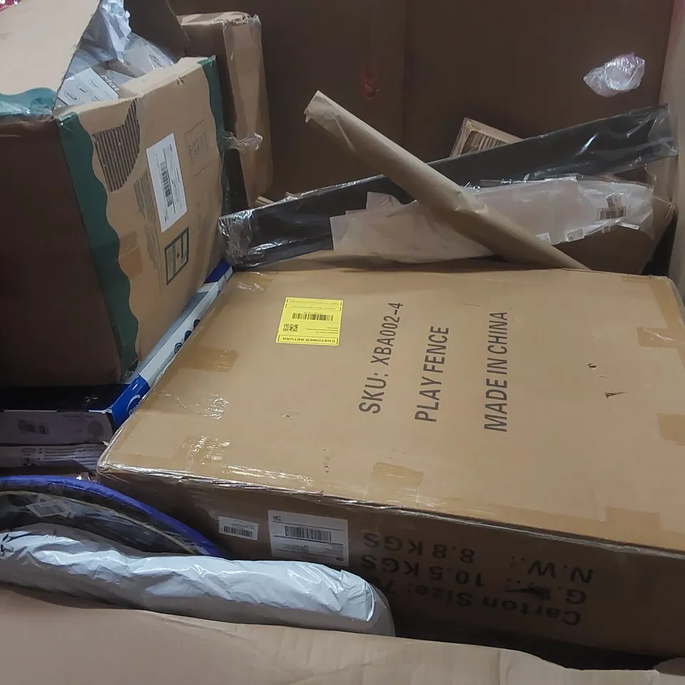 PALLET OF ASSORTED ITEMS TO INCLUDE: MATTRESS TOPPER, PLAY FENCE, HEATED BLANKETS, OFFICE CHAIR PARTS, TOILET SEAT, COMPUTER PRIVACY SCREEN ECT