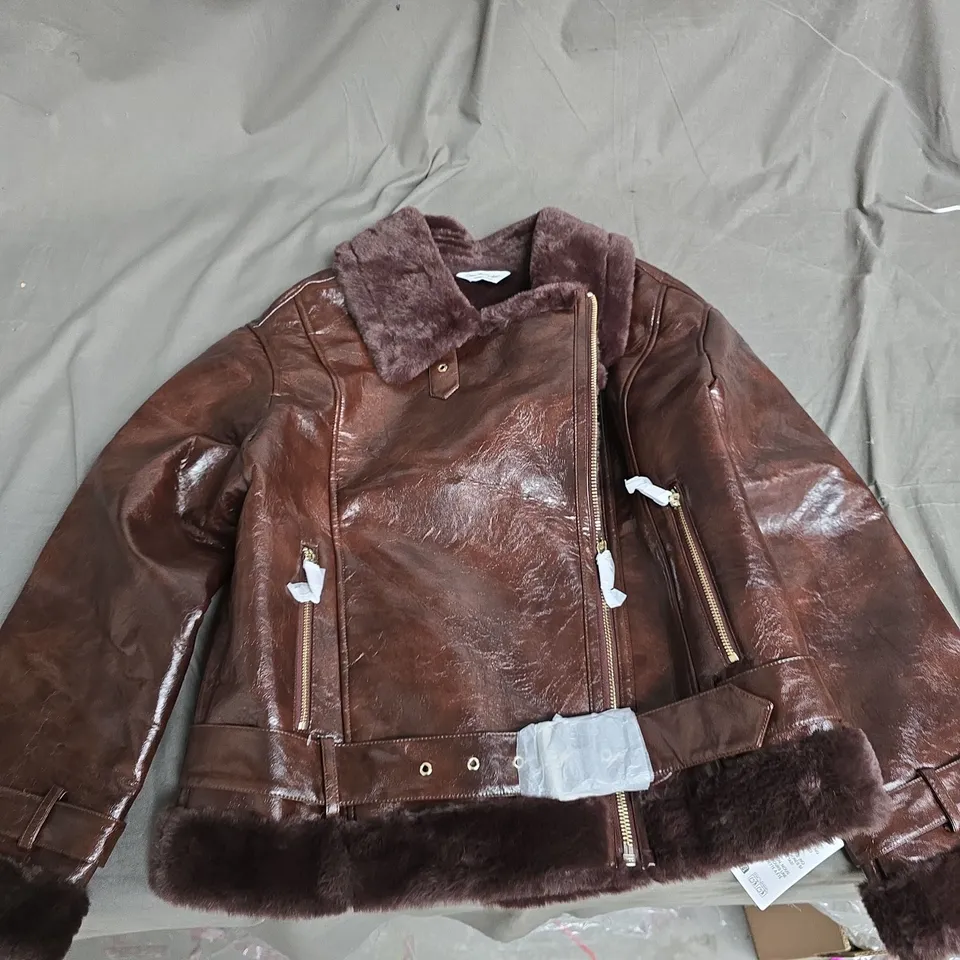 MISS SELFRIDGES BROWN LEATHER SHEARLING JACKET – UK 8 (EU 36, US 4)