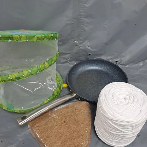 APPROXIMATELY 10 ASSORTED HOUSEHOLD ITEMS TO INCLUDE FRYING PAN, HOME DΓCOR, BUTTERFLY CONTAINER ETC
