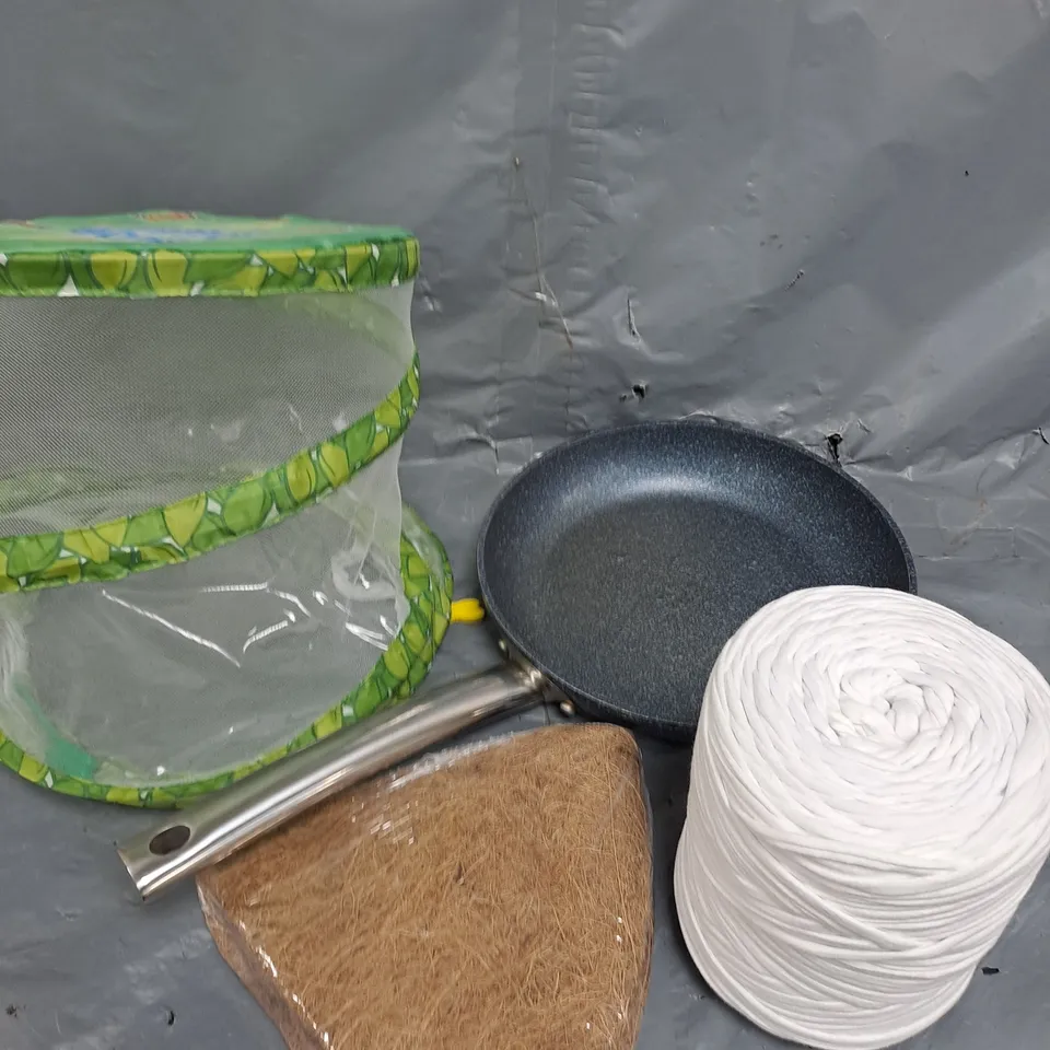 APPROXIMATELY 10 ASSORTED HOUSEHOLD ITEMS TO INCLUDE FRYING PAN, HOME DÉCOR, BUTTERFLY CONTAINER ETC 