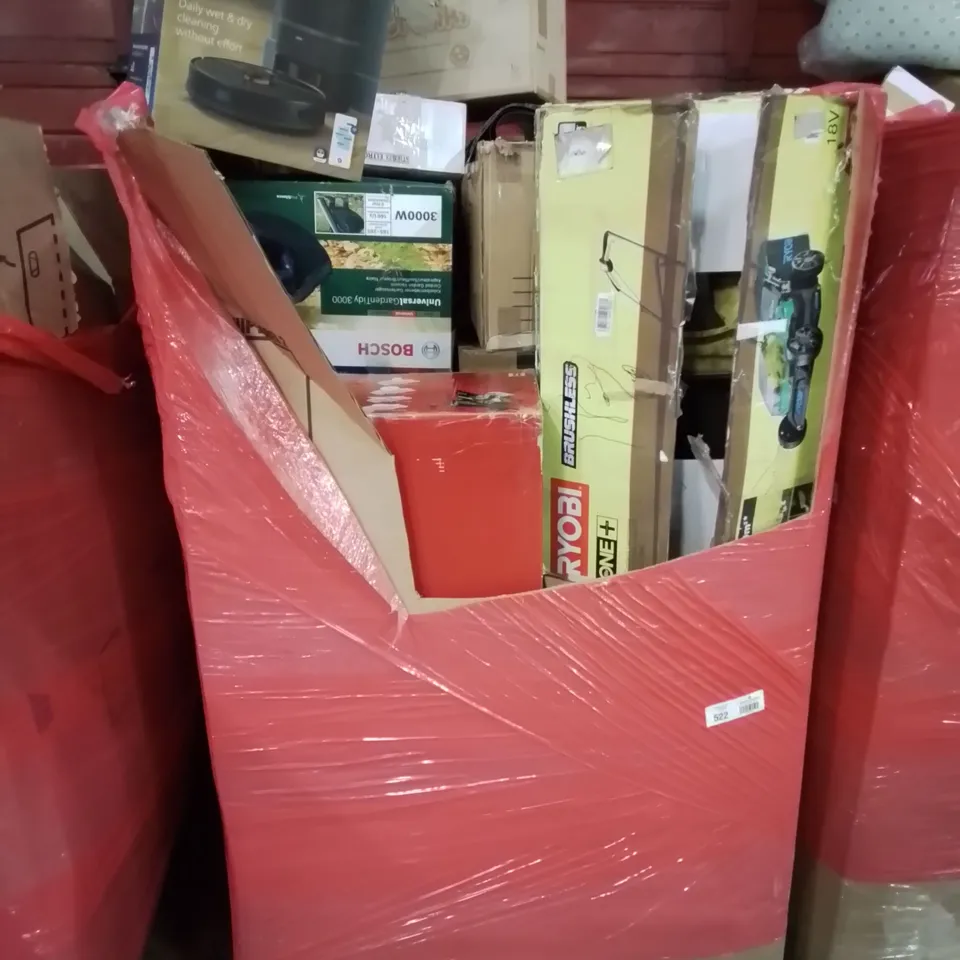 PALLET CONTAINING VARIOUS ASSORTED PRODUCTS INCLUDING:RYOBI LAWN MOWER, EXPERT CHOP SAW, BOSCH UNIVERSAL GARDEN TIDY 3000, ROBOT VACUUM AND LOTS MORE UNMARKED BOXED ITEMS 